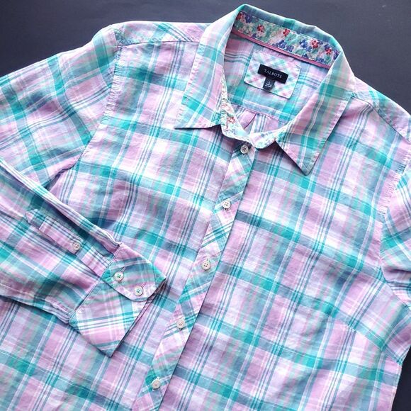 Talbots Long Sleeve Button Up Shirt L Plaid Pink Teal Collar Cotton Lightweight - Picture 3 of 9